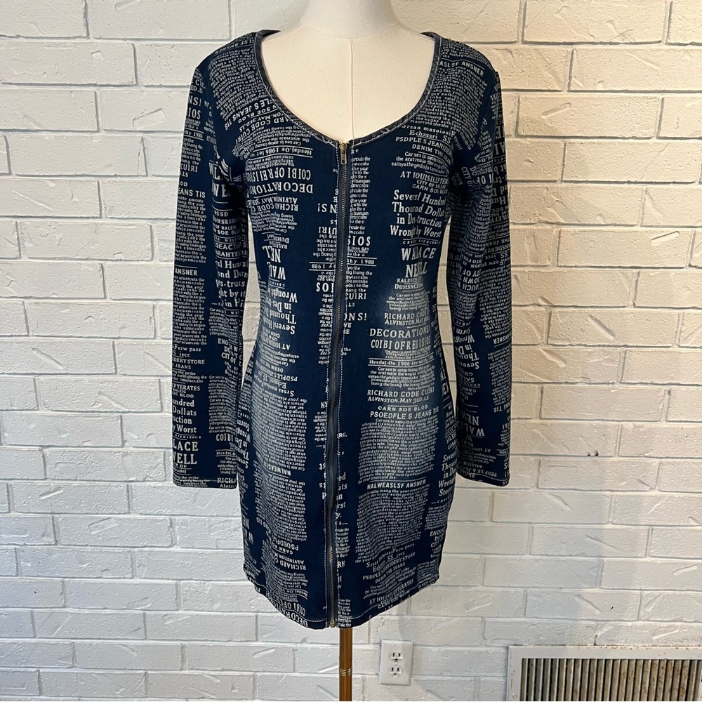 Y2k Thrill Bodycon Newsprint Denim Dress L